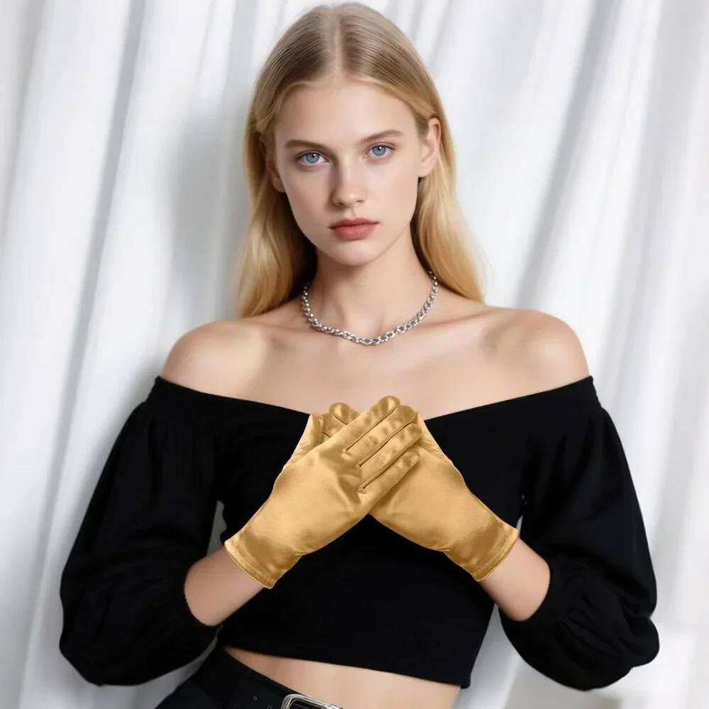 Women's Formal Short Gold Satin Gloves Bridal Wedding Banquet Party Costume